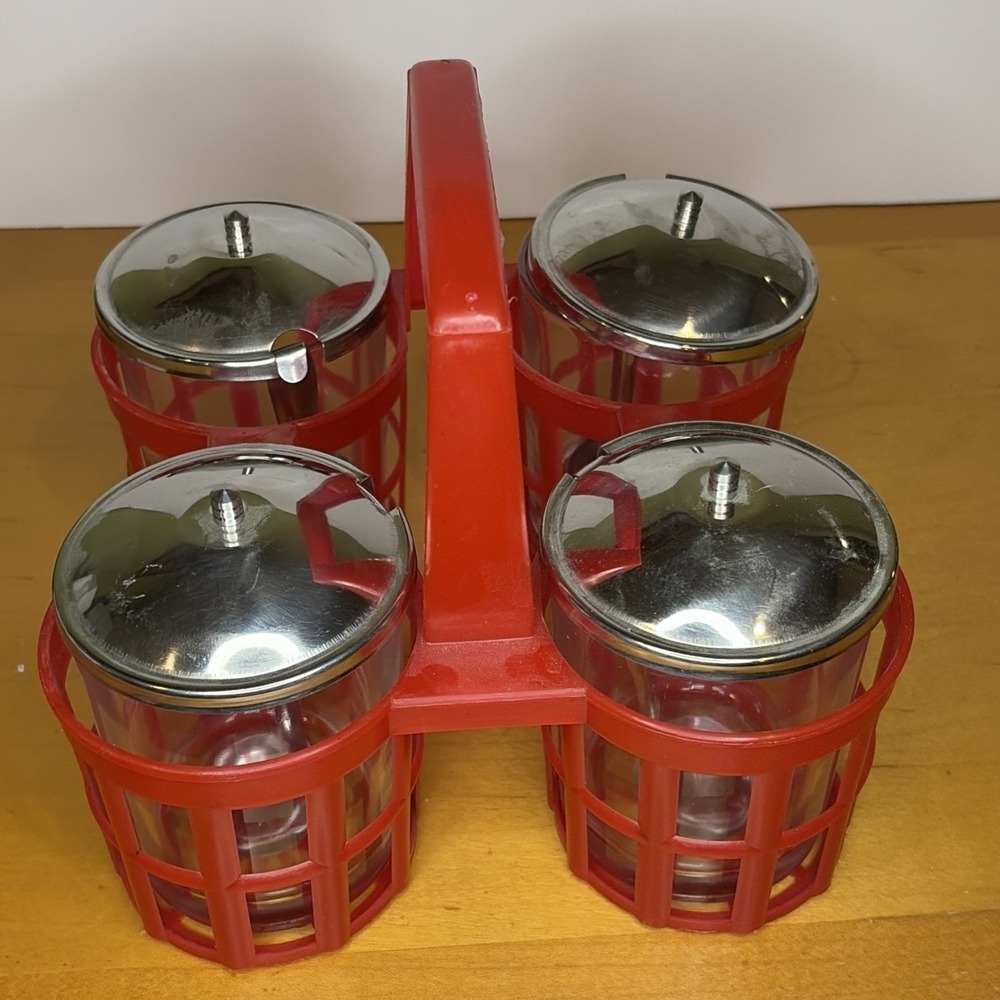 Crate&Barrel Red Condiment Caddy Jars w/ Ladles Picnic Cookout BBQ Party 4 Lids